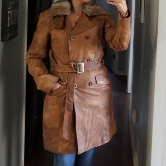 🧥VINTAGE DANIER LEATHER TRENCH COAT WITH FUR COLLAR - Picture 5 of 16